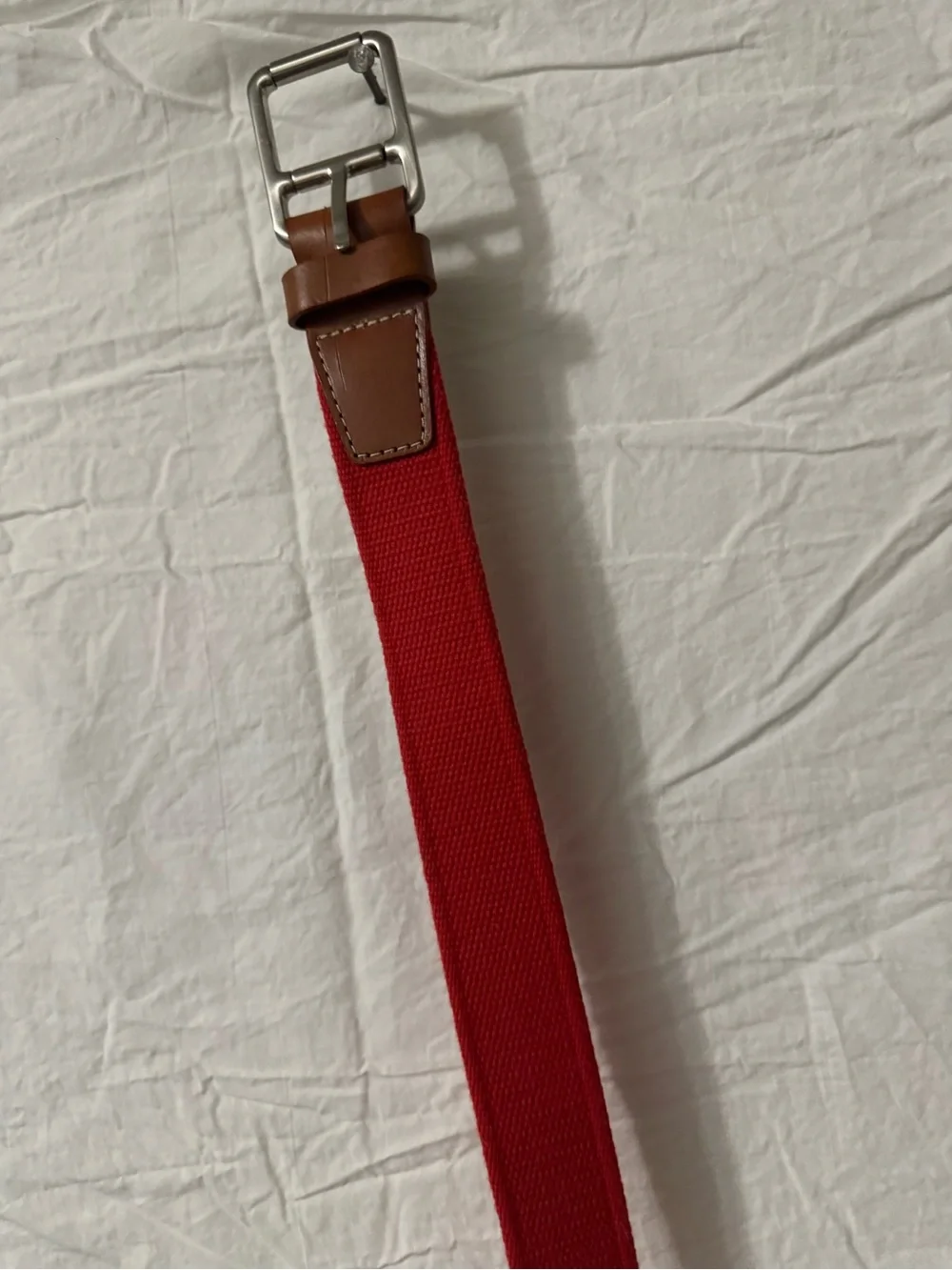 Lacoste Red Canvas Belt with Brown Leather Loop and Silver Buckle